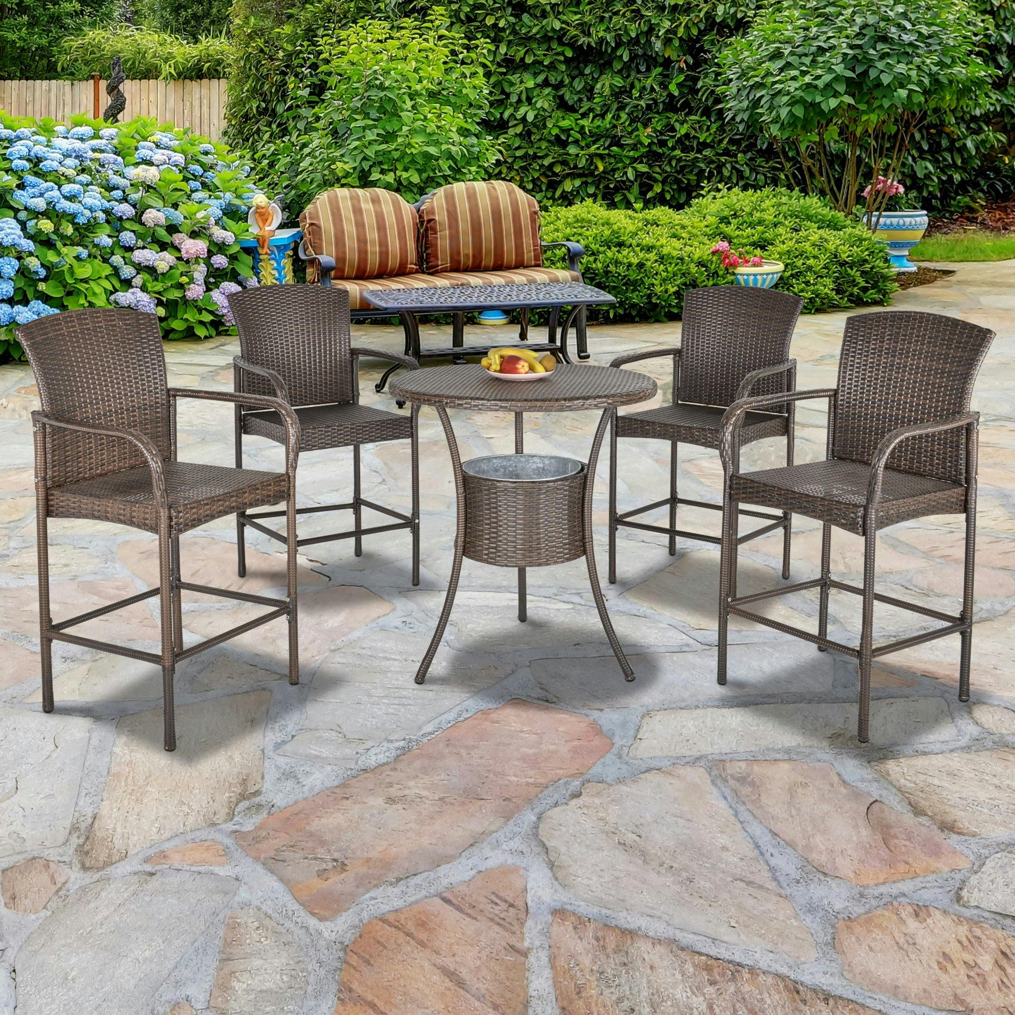 Set tavolo da giardino esterno dehors 90x90cm + 4 sedie effetto rattan  marrone Solas