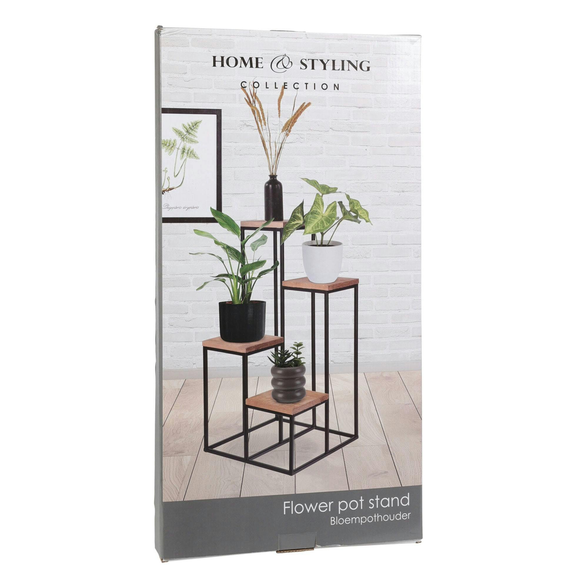 Relaxdays Pflanzenständer 3 Ablagen - Rundes Blumenregal Schwarz/Natur