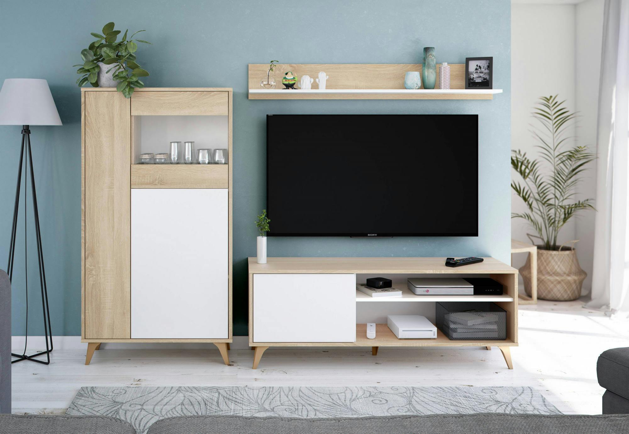 Dmora Mobile porta TV Mesa, Credenza per televisione da soggiorno con 1  anta, Supporto TV da salotto, Madia di design, 135x40h50 cm, Rovere