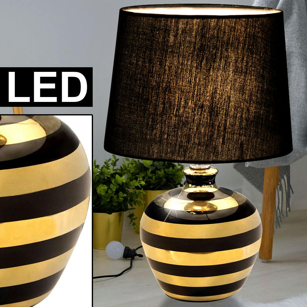 Luxus LED Stoff Tisch Leuchte schwarz gold Gäste Zimmer Nacht Licht Lese Lampe 