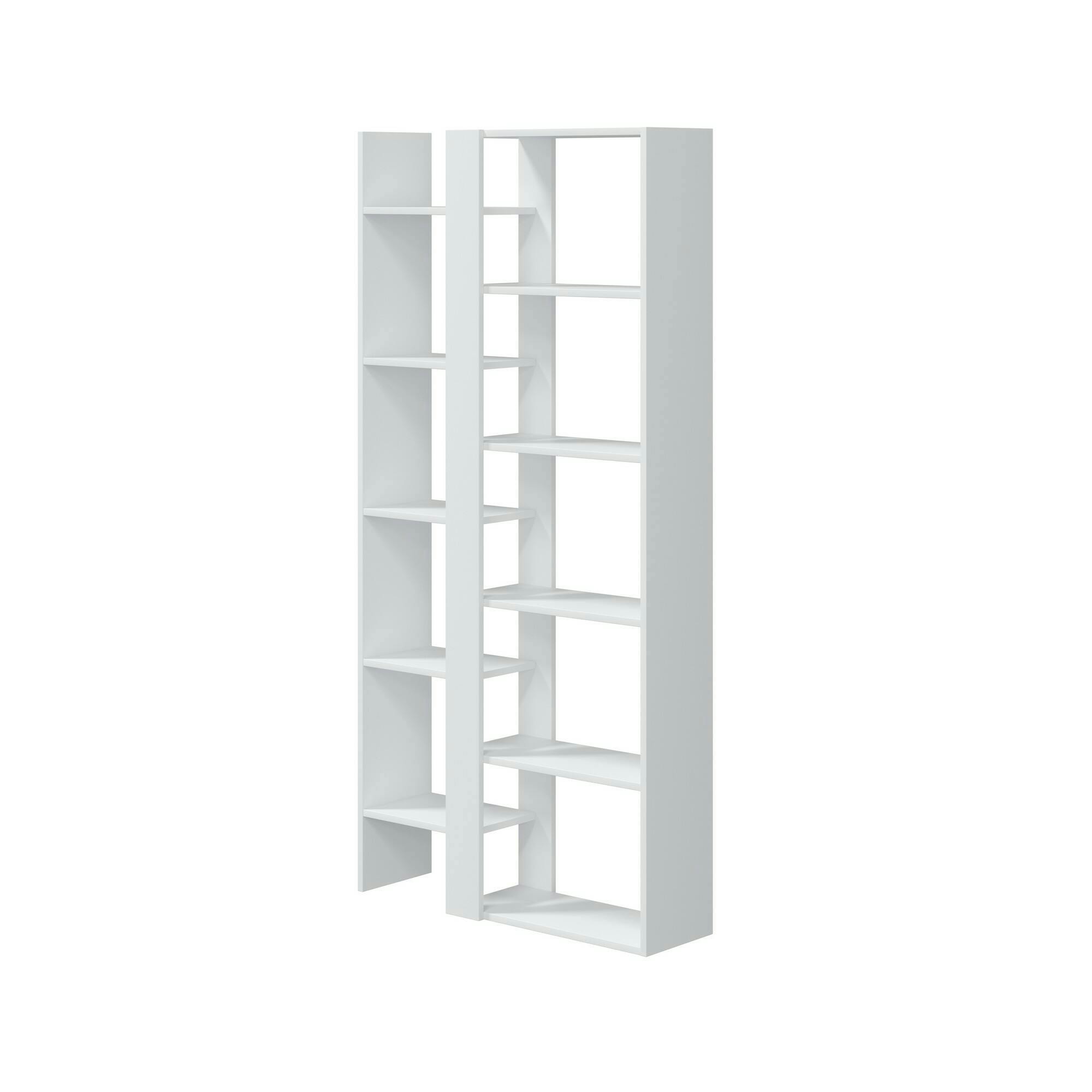 Libreria Vancouver, Mobile portalibri bifacciale a 6 scaffali, Scaffale  divisorio con scomparti da ufficio, 145x29h145 cm, Bianco lucido
