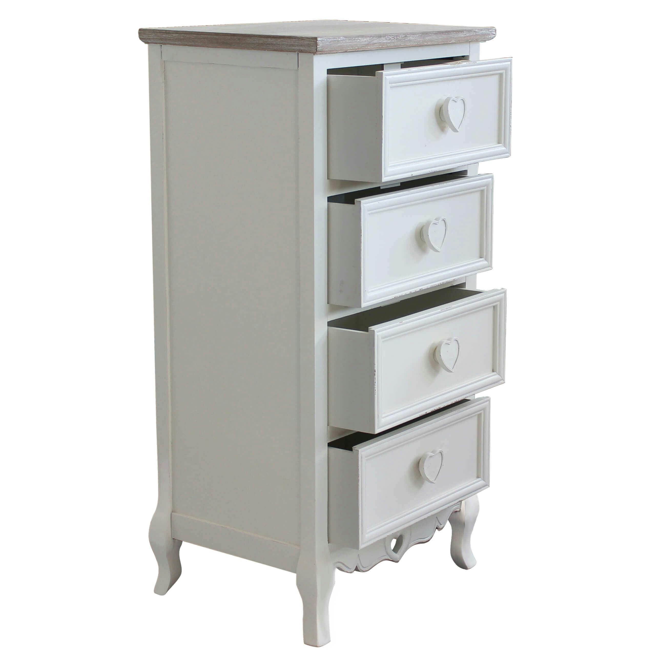 Generico DiKasa Cassettiera Mobiletto 4 Cassetti in Stile Classico Shabby  Chic, con Maniglie in Metallo e sticker Home, in Legno di Paulownia bianco  e