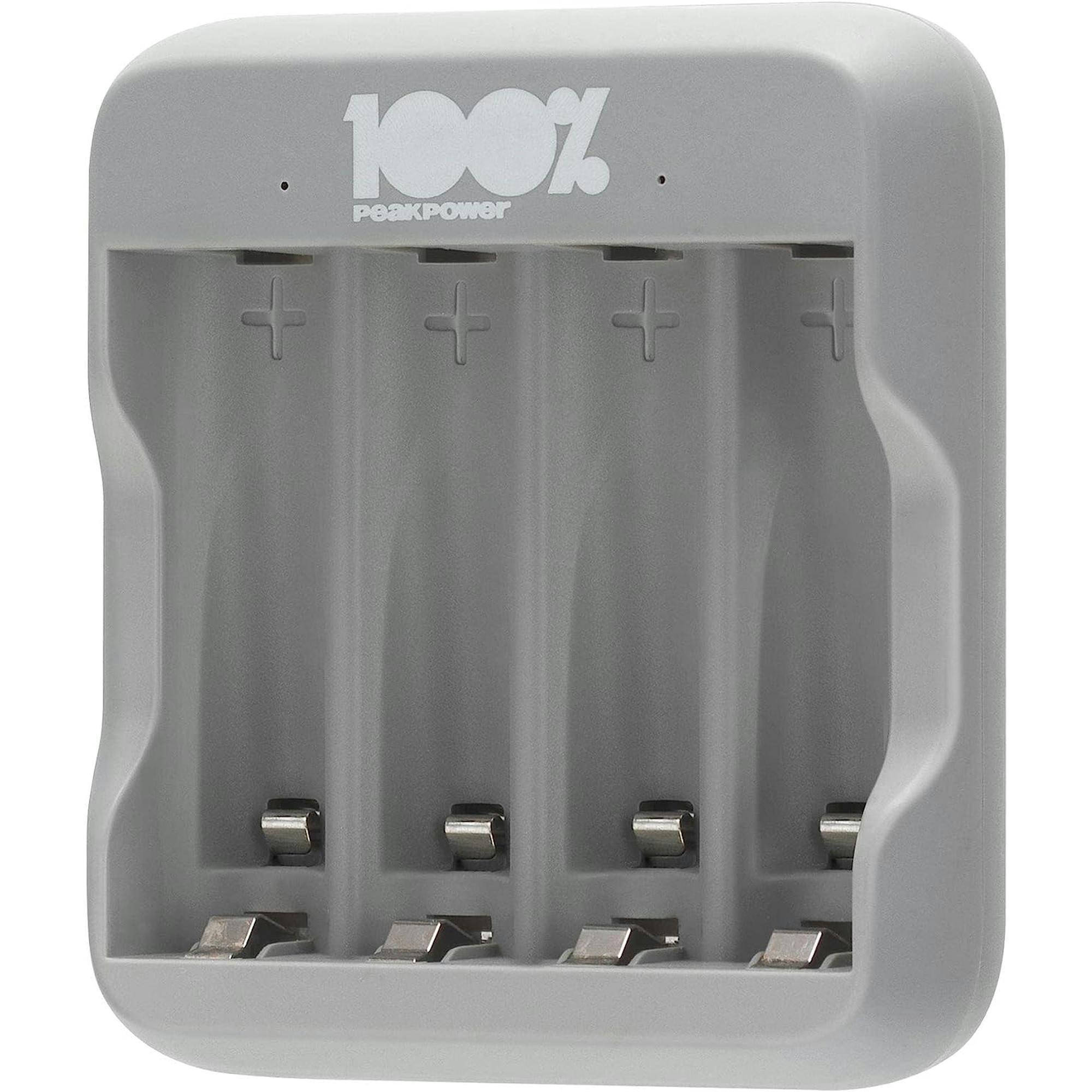 100% PeakPower Cargador de batería AA AAA con 4 ranuras de carga, cargador  de batería NiMH USB, protección contra sobrecarga y temporizador de segur