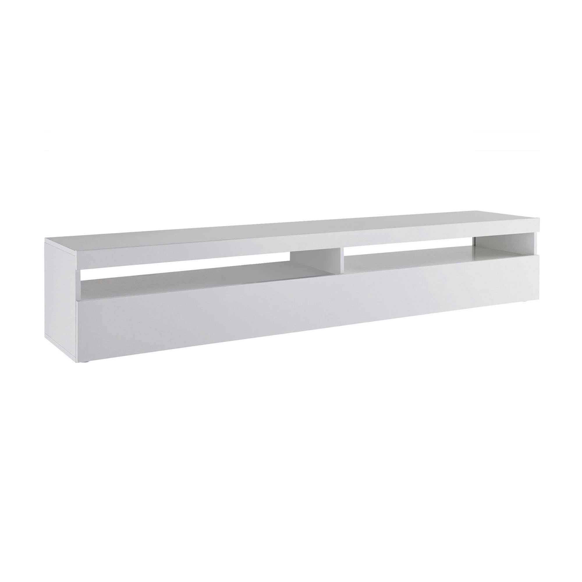 Dmora Mobile porta TV David, Credenza bassa da soggiorno, Base porta TV, 100%  Made in Italy, cm 200x45h36, Bianco lucido, con luce LED