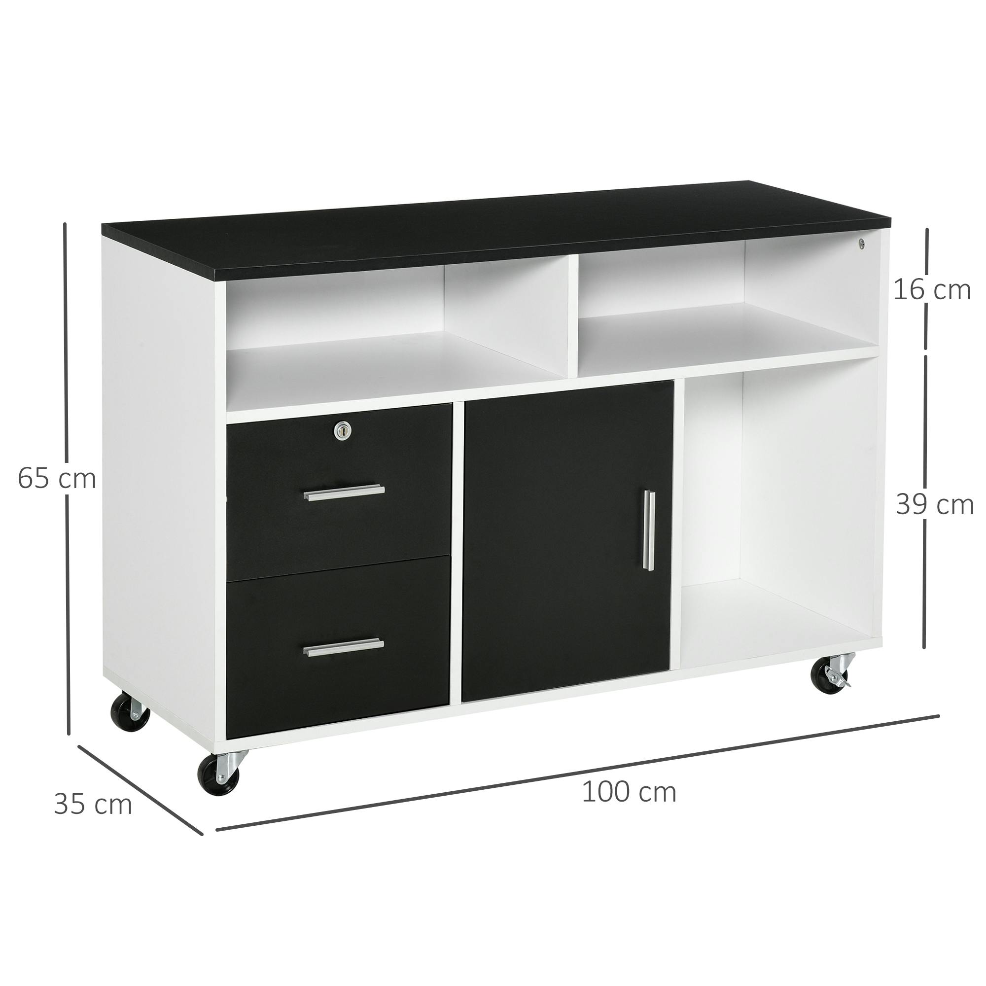 HOMCOM Mueble Auxiliar de Oficina Mueble Archivador con Ruedas Estantes y  Cajones Armario Multiusos con Gran Almacenaje 100x35x65 cm Negro y Blanco |  Makro