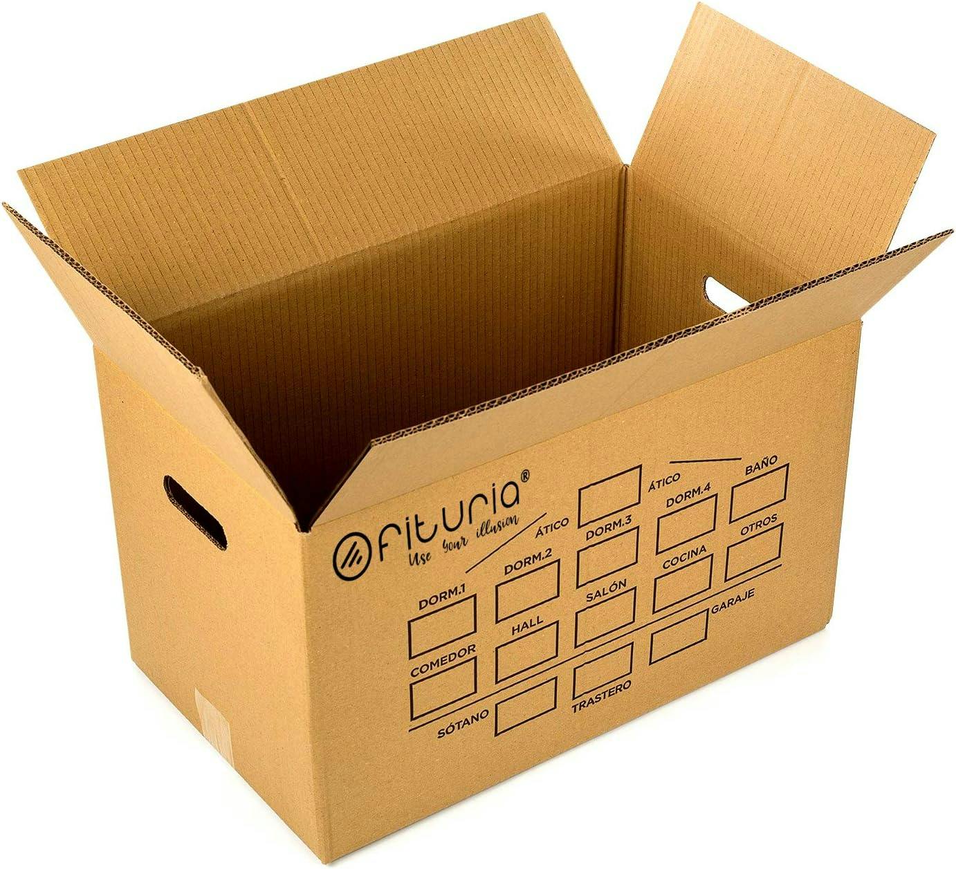 Pack Mudanza Basic - 5 Cajas de Cartón 43x30x25cm, 2 Cinta  AdhesivaTransparente, 1 Rollo de Papel Burbuja 60cm x 5m y Cúter. -  Ofituria