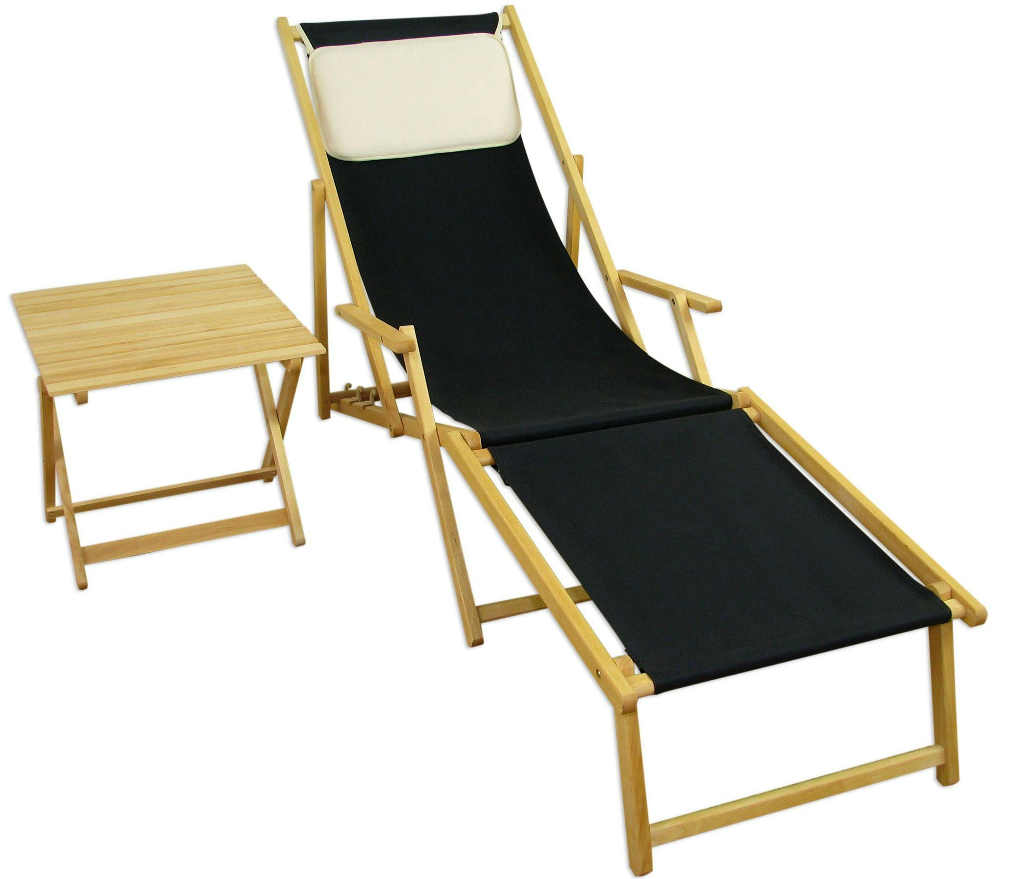 Holz-Liegestuhl schwarz Fußablage Tisch Kissen Deckchair Sonnenliege