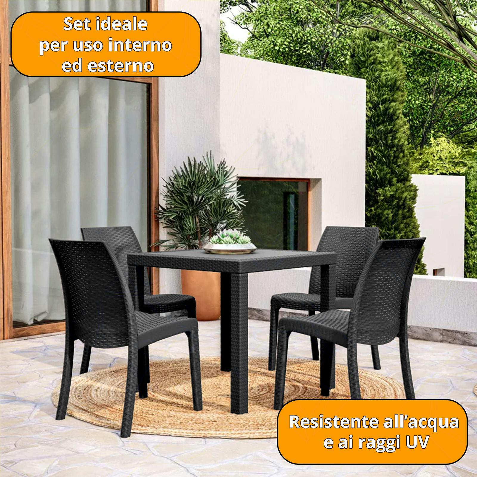 Set sedie con tavolo quadrato rattan antracite, impilabile