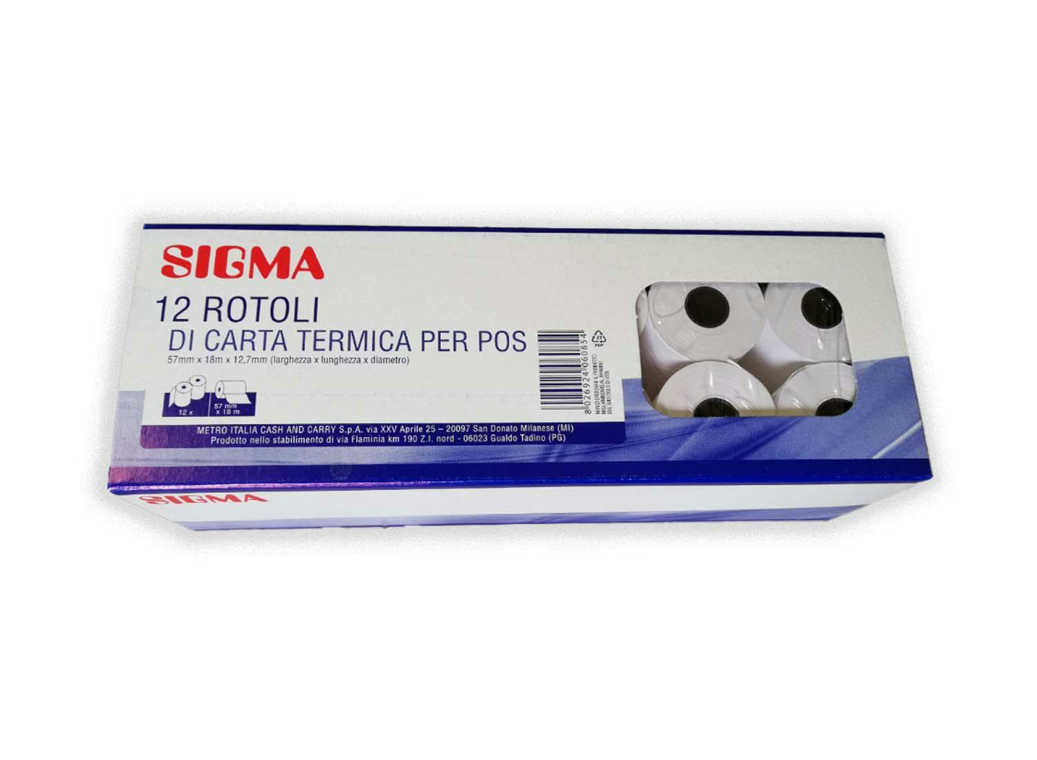 Sigma rotoli per POS, carta termica BPA free 55 g/mq, 57 mm x 18 m, 12 rotoli  per confezione