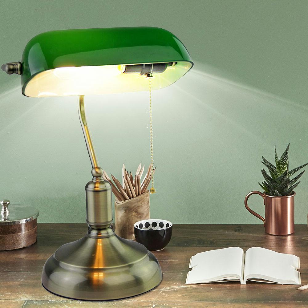 Vintage Schreib Tisch Lampe BANKER Stil Büro Lese Leuchte Glas Schirm grün RETRO 