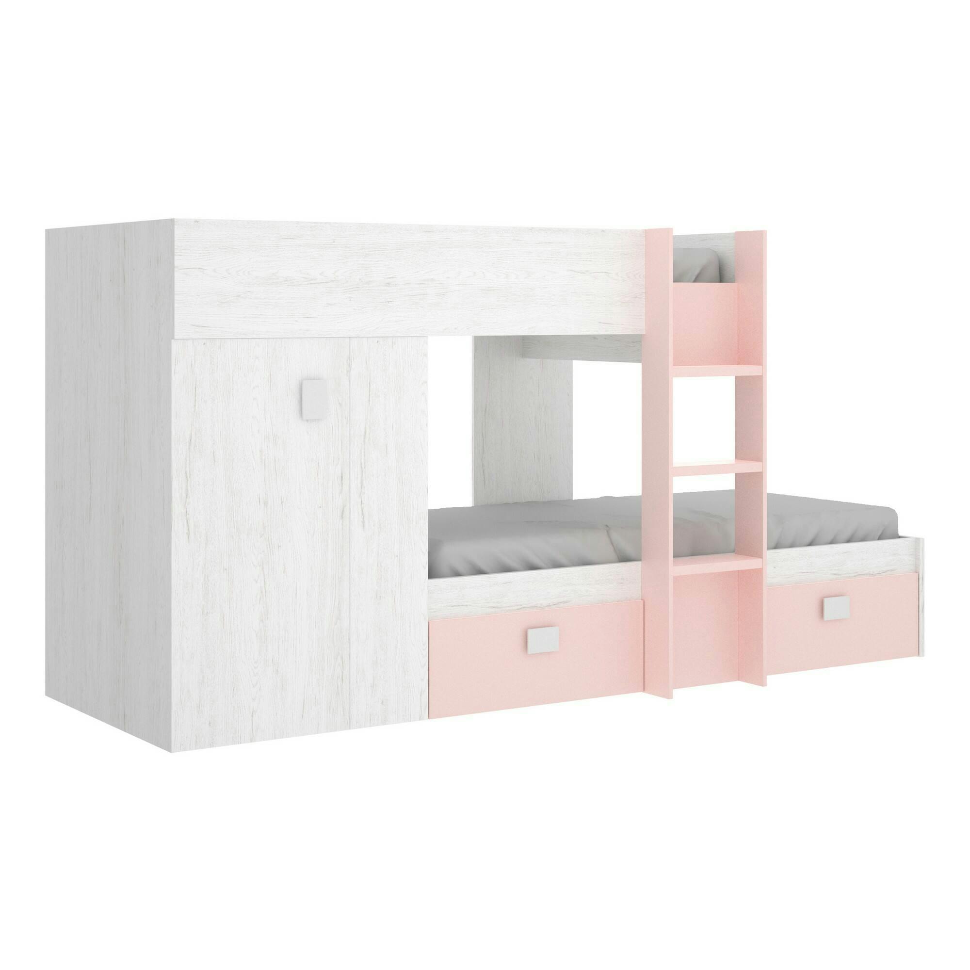 Letto per bambini Ortles, Struttura con secondo lettino estraibile, Letto  singolo per cameretta con 1 cassettone e mensola, 200x99h74 cm, Bianco e  Rosa