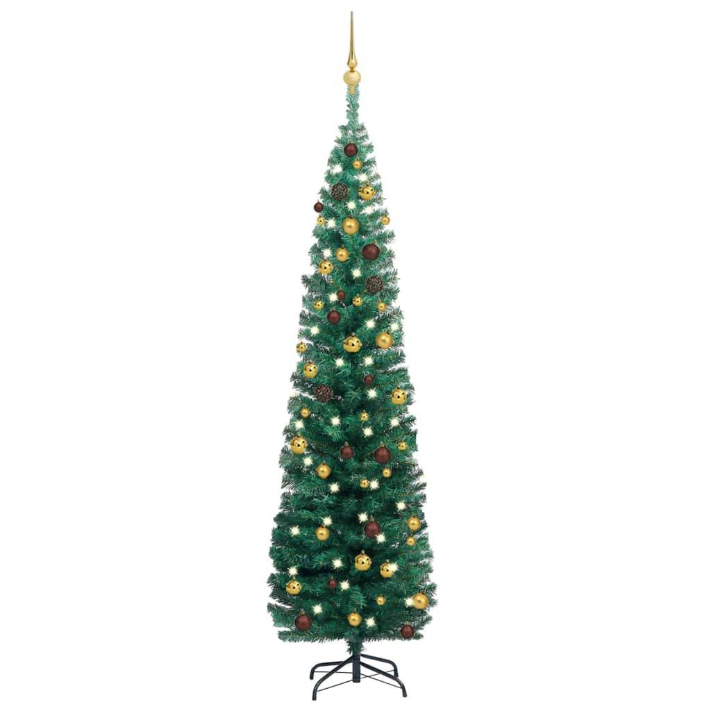 Künstlicher Weihnachtsbaum Schlank mit LEDs & Kugeln Grün 180cm METRO