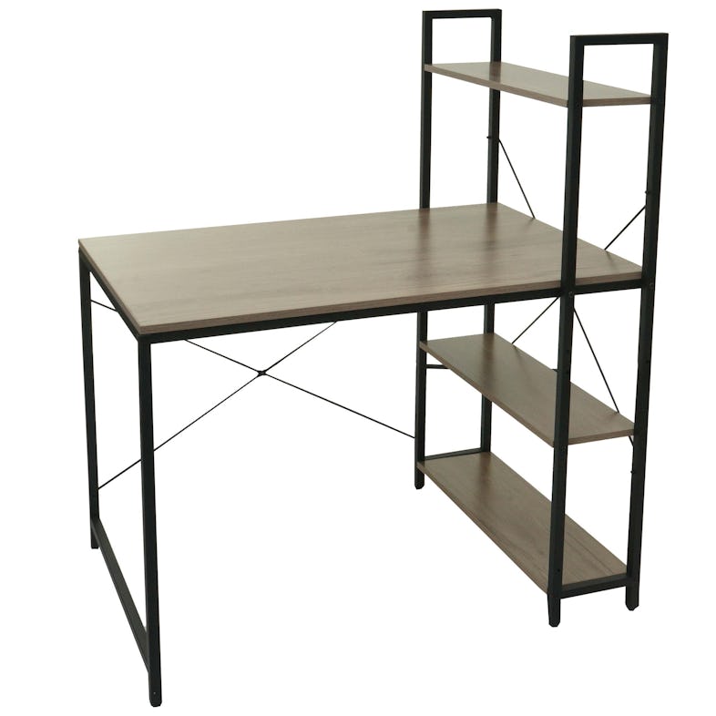 Escritorio con estante HWC-K81, mesa para portátil mesa de oficina  escritorio de trabajo, 100x60cm metal MDF ~ gris-marrón