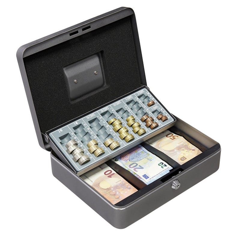 ARREGUI Cashier C9246-EUR Caja Caudales con Llave, Caja de Seguridad acero  con bandeja organizador de Monedas y Billetes, Caja fuerte portatil, Gris