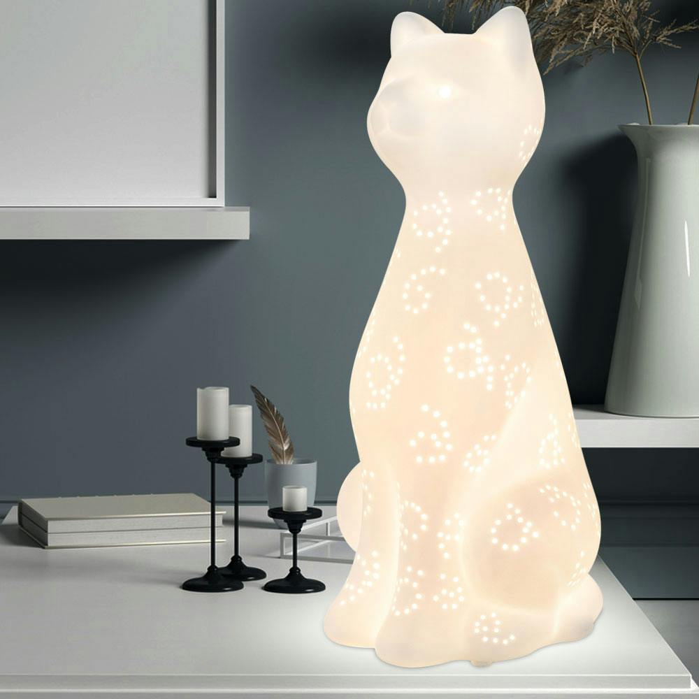 LED Katzen Figur Tisch Lampe Beistell Beleuchtung Porzellan Nacht Licht Leuchte 