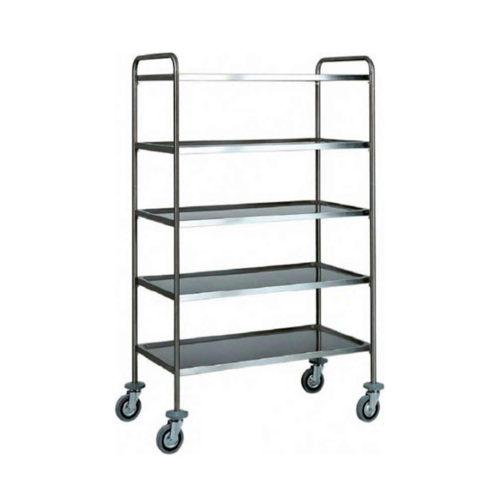 Carrello di Servizio Acciaio Inox ad Alto Spessore - 5 Ripiani Stampati Inox  - Dimensioni 110x60x170(h) cm - Ruote ø125 mm