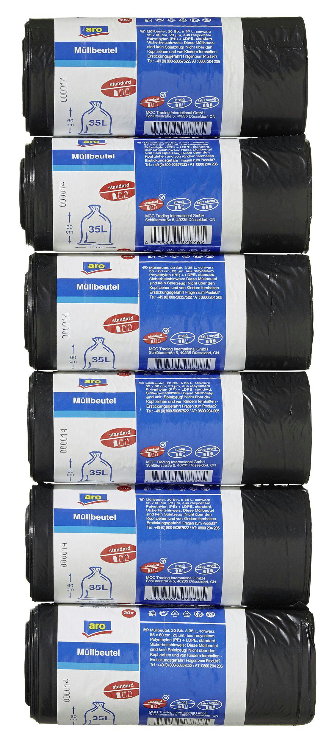 aro Bolsas de basura, LDPE / PE, 23 μm, 55 x 60 cm, 35L, negro, 120  unidades
