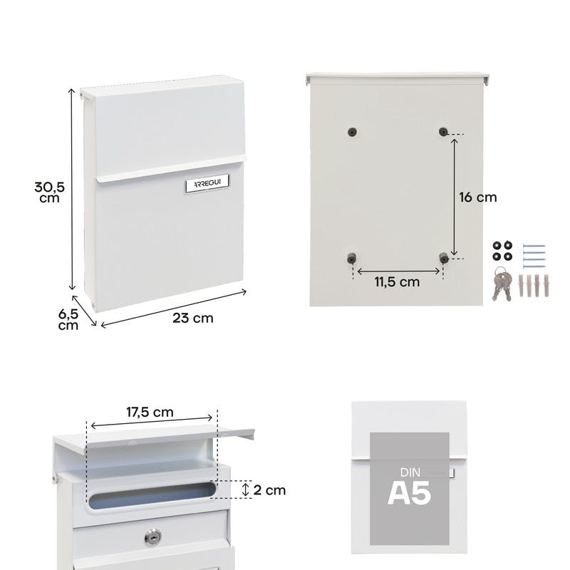 ARREGUI Line E6801 Aço Exterior Caixa de Correio Tamanho S (Mail DIN A5),  com Bloqueio de Caixa de Correio Coberto, À Prova de Chuva, Branco