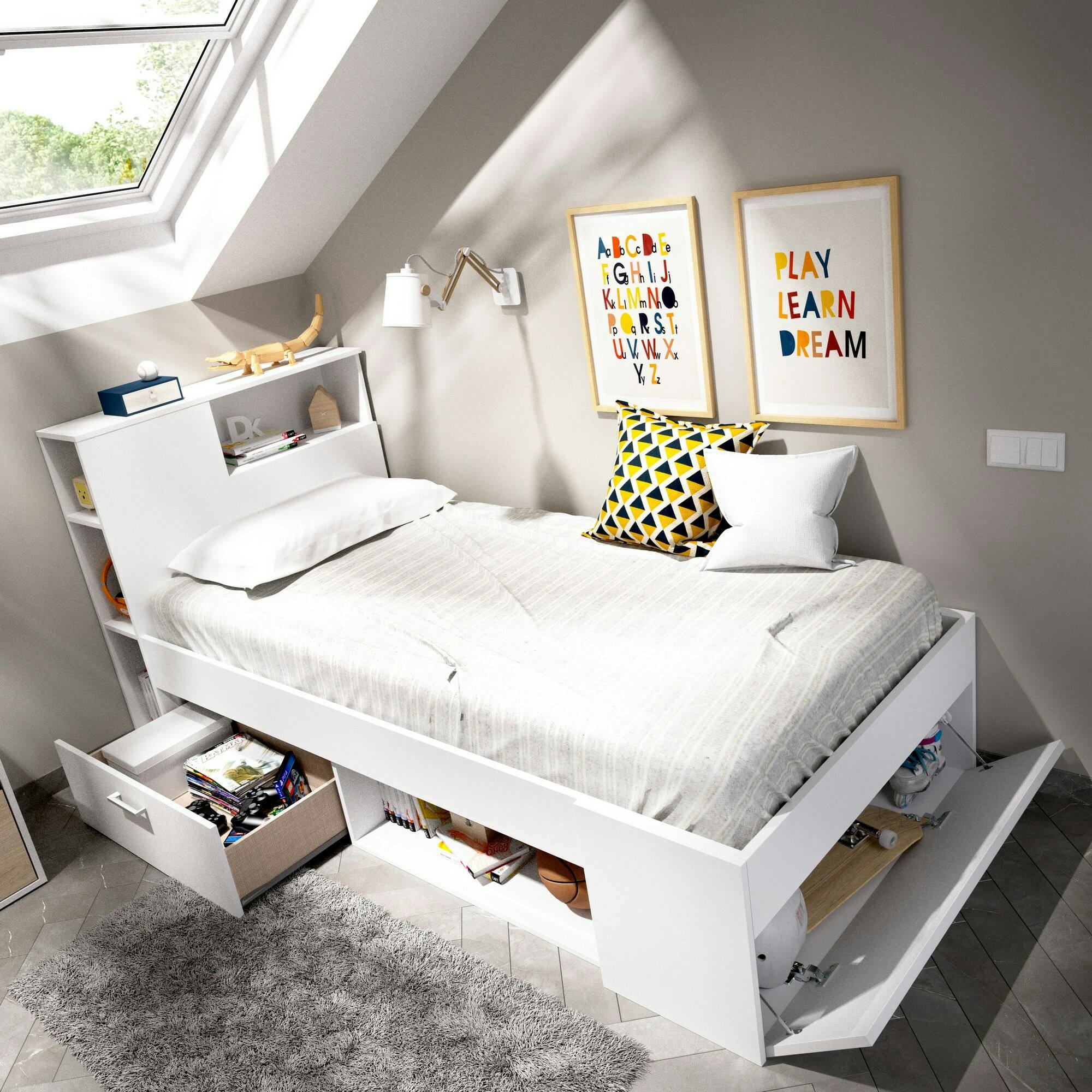 Letto per bambini Adamello, Lettino contenitore per cameretta, Struttura  per letto singolo con 3 cassettoni, 194x97h60 cm, Bianco