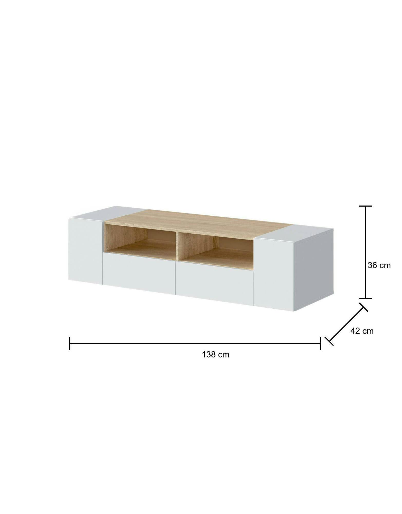 Dmora Mobile porta TV Topeka, Credenza per televisione da soggiorno,  Supporto per TV moderno, Credenza bassa multiuso, 138x42h36 cm, Bianco e  Rovere