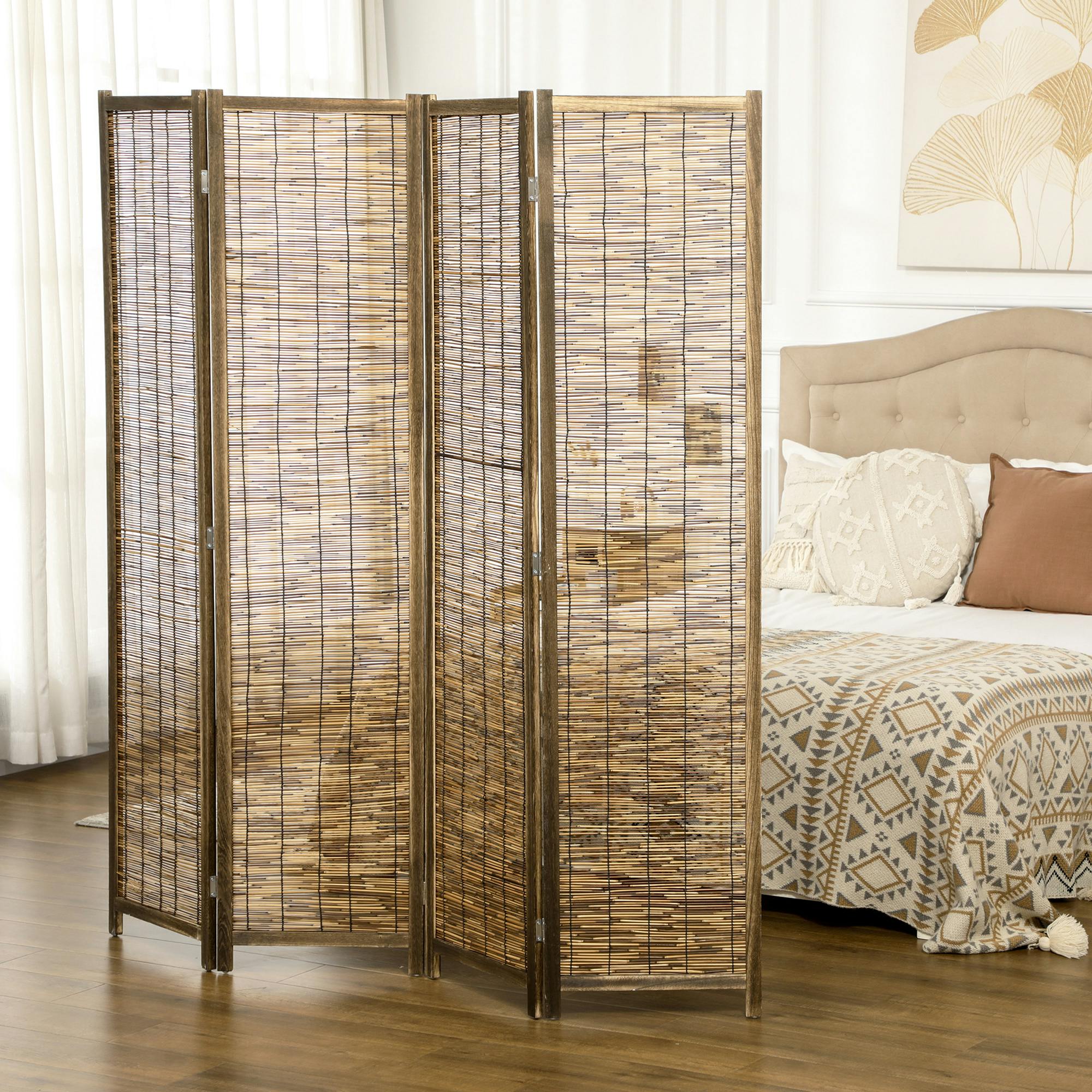 HOMCOM Biombo de 3 Paneles Plegable 120x1,8x170 cm Separador de Ambientes  de Bambú Estilo Rústico Natural