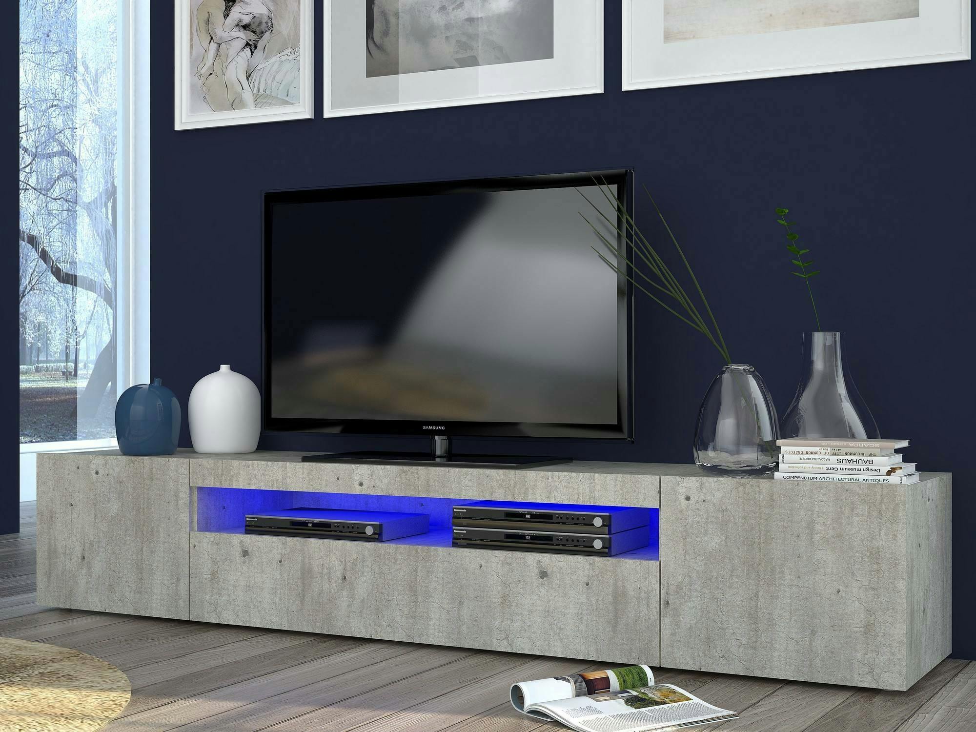 Dmora Mobile porta TV Jesse, Credenza bassa da soggiorno a 3 ante, Base  porta TV, 100% Made in Italy, cm 200x40h37, Cemento, con luce LED