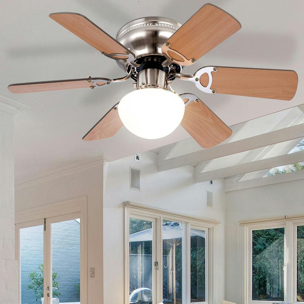 LED Decken Ventilator Lampe Wohn Zimmer Lüfter kühlen wärmen Zugschalter Glas 