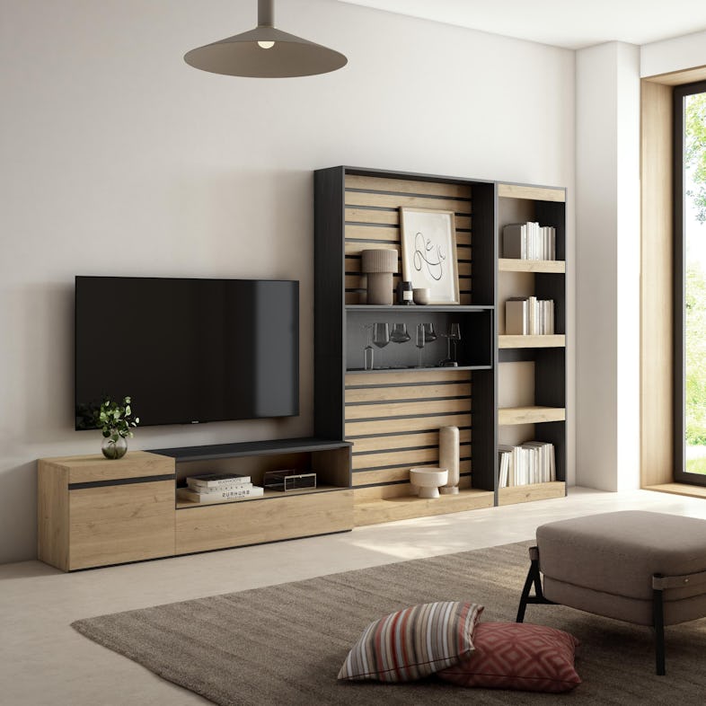 Muebles de Salón para TV, 320x186x35cm, Chimenea eléctrica, Cemento