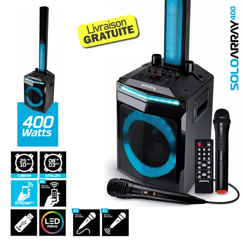 Enceinte DJ Mobile sur batterie Gemsound 300W à LED, USB Bluetooth,SD,  Radio FM,TWS, Microphone filaire Câble PC ORDI Smartphone