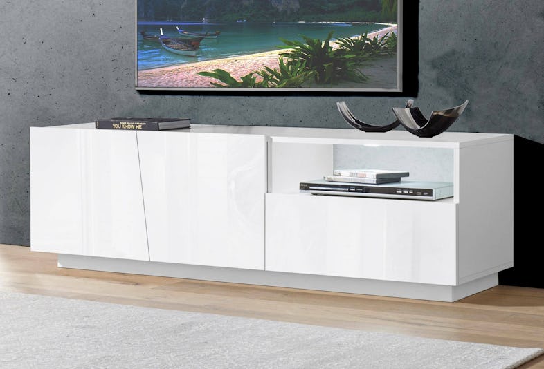 Dmora Mobile porta TV Nino, Credenza bassa da soggiorno a 2 ante, Base  porta TV, 100% Made in Italy, cm 150x43h46, Bianco lucido